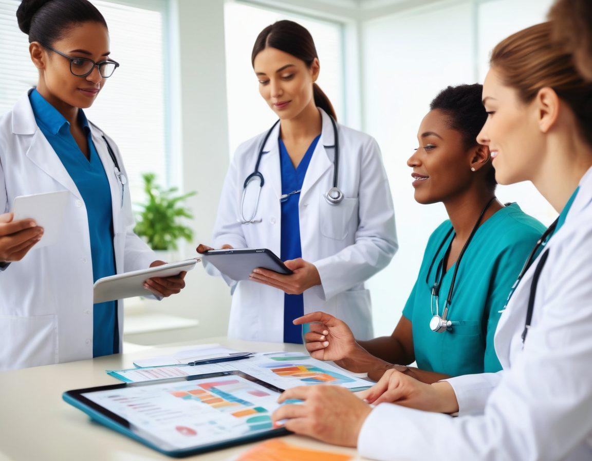 A scene depicting a compassionate doctor engaging with a diverse group of patients in a modern, well-lit clinic. Emphasize warmth through comforting gestures, such as a doctor listening attentively while holding a patient's hand, with colorful charts and healthy lifestyle visuals in the background. Include elements of technology, like a tablet showing health data, to highlight modern medical guidance. Illustrate a sense of community and support. vibrant colors. super-realistic.