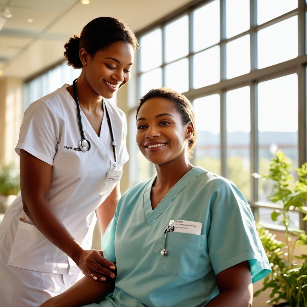 A warm, inviting scene in a modern hospital setting where a compassionate healthcare professional is smiling while gently interacting with a diverse patient. Soft sunlight streaming through large windows, highlighting the caring atmosphere. Include subtle elements like comforting medical tools and healing plants in the background, symbolizing hope and healing. Focus on the emotional connection between caregiver and patient. super-realistic. vibrant colors. soft lighting.